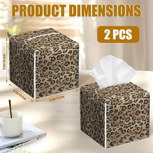 Brown Leopard Tissue Box Cover 2PCS, Leather Tissue Box Holder Square Facial Paper Case Tissue Box Cube Organizer for Bathroom Bedroom Desk Office - ModernBath