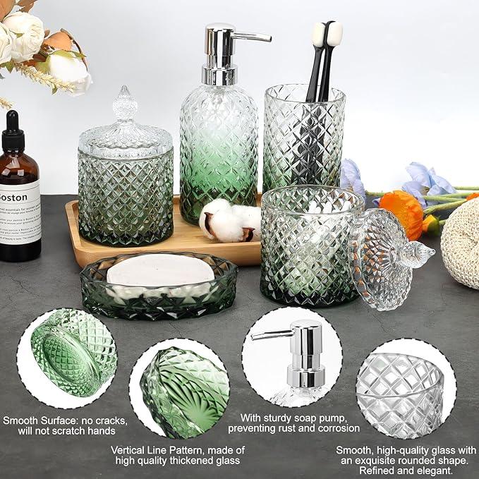 Ulable Bathroom Accessories Set, 5Pcs Bathroom Soap Dispenser Set, Glass Bathroom Accessories with Glass Soap Dispenser, Soap Dish, Toothbrush Holder, Tumbler, Cotton Swab Jar (Gradient Clear & Green) - ModernBath