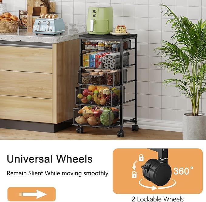 Kitchen Storage Cart with Drawer, 5-Tier Fruit Vegetable Storage Cart, Kitchen Organizer and Storage Cart with Wheels, Wooden Top Metal Wire Pantry Storage Cart rack for for Fruit Snack Onion Potato - ModernBath