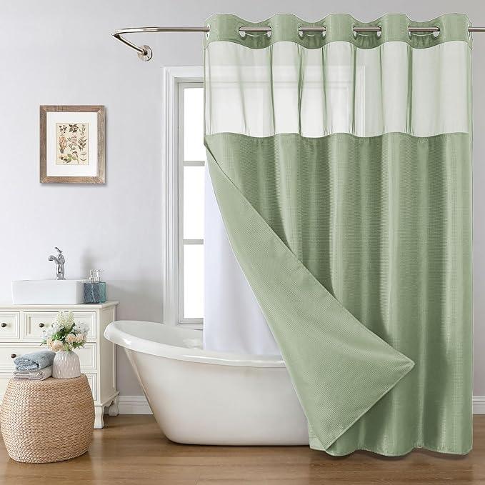 eachope No Hook Waffle Weave Shower Curtain with Snap-in Fabric Liner Set,Sage Green Shower Curtains for Bathroom with See Through Top Window,Water Repellent & Washable,71Wx74H - ModernBath