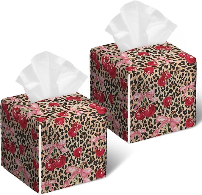 Pink Cherry Bow Tissue Box Cover 2PCS, Leopard Leather Tissue Box Holder Square Facial Paper Case Tissue Box Cube Organizer for Bathroom Bedroom Desk Office - ModernBath