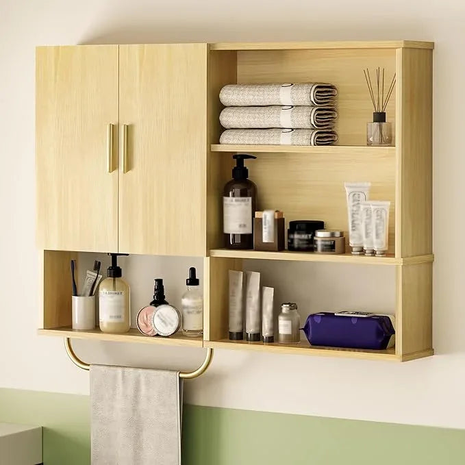 Bathroom Wall Cabinet Wood Large Wall Mounted Medicine Cabinet with 2 Doors and 4 Open Shelves Over Toilet Storage Cabinet Organizer with Towel Bar,Wood - ModernBath