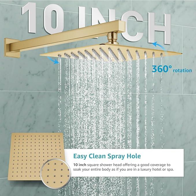 gotonovo Rainfall Bathroom Shower System Rain Shower Head and Handle Set Wall Mounted Shower Complete Combo Solid Brass Pressure Balancing Shower Mixer Valve 10 Inch Brushed Gold - ModernBath