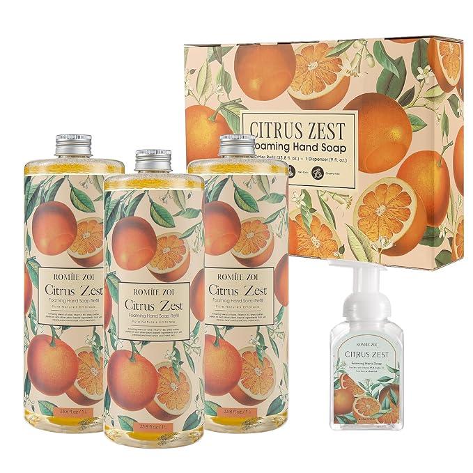 ROMIIE ZOI Citrus Zest Foaming Hand Soap Refill Gift Set – 3 Pack (33.8 Fl Oz Each) with Refillable Dispenser, Moisturizing, Biodegradable & Chemical-Free Formula for Kitchen, Bathroom, Sensitive Skin - ModernBath