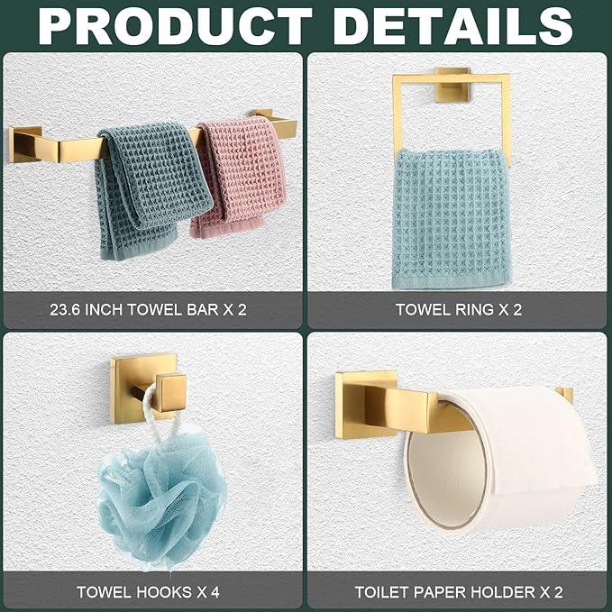 Gisafai 10 Pcs Gold Bathroom Hardware Accessories Set 23.6 Inch Bath Towel Bar Kit Stainless Steel Bathroom Hardware Set Towel Racks Ring Robe Hooks Paper Holder for Wall Mounted - ModernBath