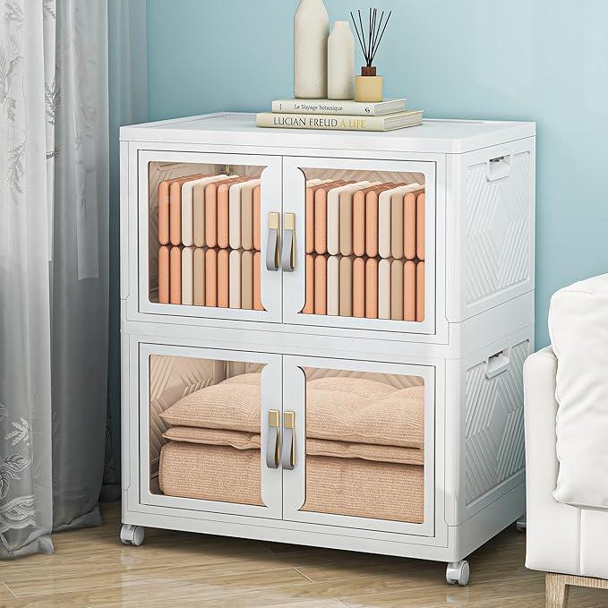 Large Stackable Storage Bins with Lids, 330QT-165QT*2Tier Foldable Cabinet for Closet Organizers, Plastic Storage Containers Box with Wheels - ModernBath