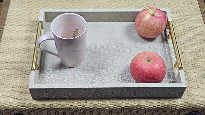 Set of 2 Wood Serving Tray with Gold Polished Metal Handles, Home Decorative Wooden Rectangle Ottoman Leather Decor Platter Bathroom Vanity Tray for All Occasions (Ivory) - ModernBath