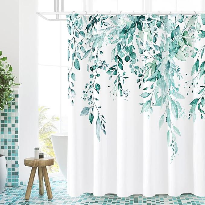 Gibelle Teal Eucalyptus Shower Curtain, Watercolor Plant Leaves with Floral Bathroom Shower Curtain Set with Hooks, 72x72 - ModernBath