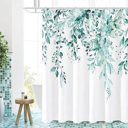 Gibelle Long Shower Curtain 72 x 78, Teal Floral Shower Curtain for Bathroom, Watercolor Plant Eucalyptus Leaves Fabric Shower Curtain Set - ModernBath