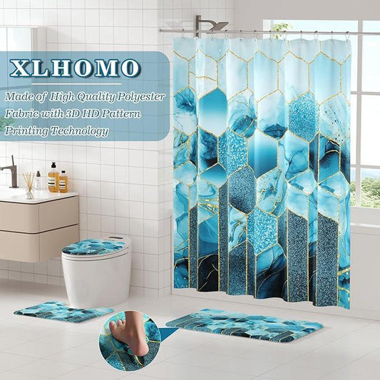 XLHOMO Bathroom Sets with Shower Curtain and Rugs - 4PC Teal Geometric Shower Curtain Set with 12 Hooks, Toilet Cover, U-Shaped Mat and Rugs Modern Abstract Bathroom Accessories for Bathroom - ModernBath