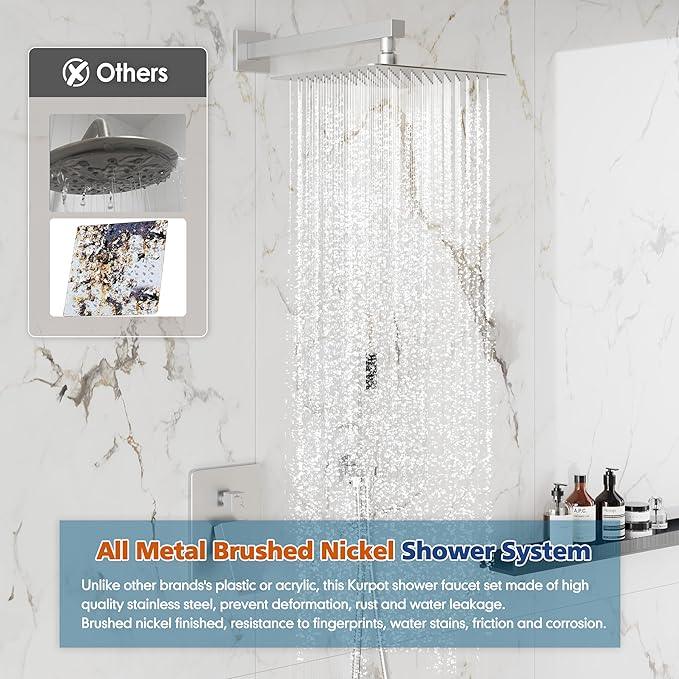 Kurpot Shower System, 10'' High Pressure Brushed Nickel Shower Head with Handheld Spray Combo, Included 59'' Shower Hose, Shower Trim Kit and 2-IN-1 Diverter, Bathroom Shower Faucet Set with Valve - ModernBath