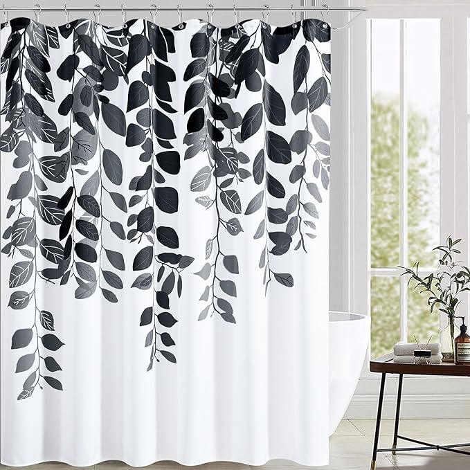 BOODII Long Shower Curtain 72x78, Black Eucalyptu Shower Curtain for Bathroom Floral Watercolor Leaves Botanical Nature Fabric Bath Curtains Country Plant Cloth Bathroom Curtains - ModernBath