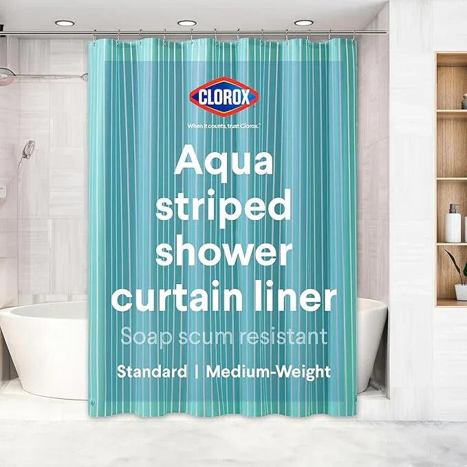 CLOROX Shower Curtain Liner, Premium Striped Medium-Weight Durable Waterproof 6g PEVA for Bathroom with Weighted Magnets, Printed Standard Size 72" x 72", Aqua - ModernBath