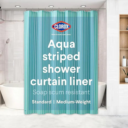 CLOROX Shower Curtain Liner, Premium Striped Medium-Weight Durable Waterproof 6g PEVA for Bathroom with Weighted Magnets, Printed Standard Size 72" x 72", Aqua - ModernBath