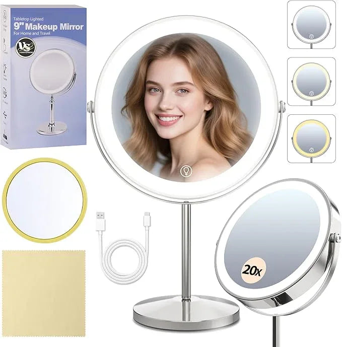 9" Magnifying Mirror with Light 1X/20X, Makeup Mirror with Light includes small mirror, 2000mAh Rechargeable, 360° Rotation, 3 Color Modes, Double-Sided, Ideal for Eyebrows, Lenses & Skincare - ModernBath