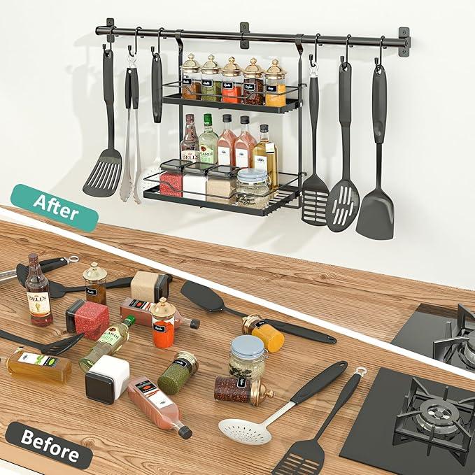 NADAMOO Kitchen Utensil Hanger and Spice Rack with Towel Rack Holder，Wall Mount Space Saving Metal Storage Organizer for Pantry, Countertop, Bathroom - ModernBath