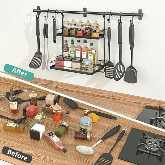 NADAMOO Kitchen Utensil Hanger and Spice Rack with Towel Rack Holder，Wall Mount Space Saving Metal Storage Organizer for Pantry, Countertop, Bathroom - ModernBath