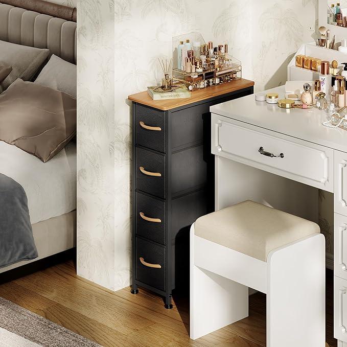 Narrow Dresser Storage Tower with 4 Drawers, Slim Dresser Chest of Drawers with Steel Frame, Wood Top, Dresser for Bedroom, Bathroom, Small Spaces, Laundry, Closet (Black) - ModernBath