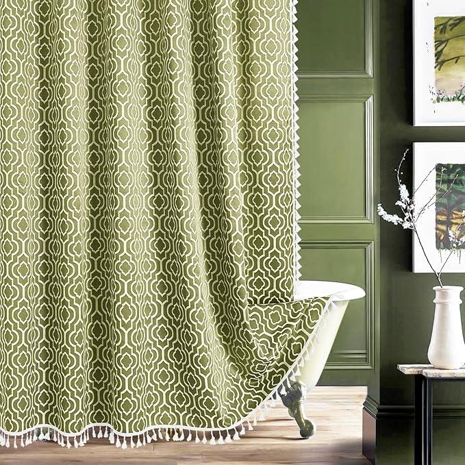 MitoVilla Green Boho Shower Curtains for Modern Farmhouse Bathroom Decor, Bohemia Geometric Country Thick Cotton Fabric Shower Curtain, Rustic Tassel Cloth Shower Curtain, 72 x 72 - ModernBath