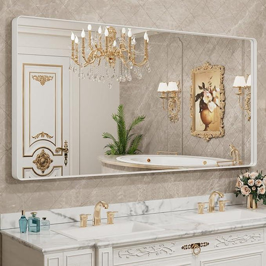 LOAAO 72x40 Inch White Metal Framed Bathroom Mirror for Wall, White Bathroom Vanity Mirror Farmhouse, Large Rounded Rectangle Mirror, Anti-Rust, Tempered Glass, Hangs Horizontally or Vertically - ModernBath