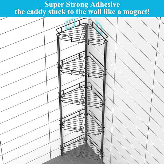 5 Tier Floor Standing Corner Shower Caddy Organizer Shelf with Hooks, Bathroom Shelves Stand Rack, Black - ModernBath