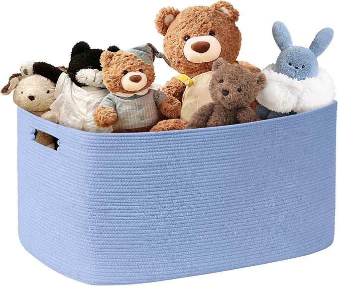 60L Small Baby Girls Laundry Basket for Nursery Storage,Cute Woven cotton Rope Baskets for Kids Toy，Gifts, Boho Square Wicker Blanket hamper for Living Room,Bedroom Dirty Clothes,Blue Purple - ModernBath
