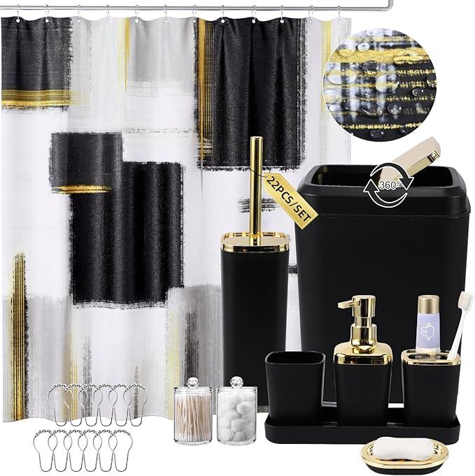 XLHOMO Black and Gold Bathroom Accessories Set, Bathroom Sets with Shower Curtain, Black Bathroom Accessories with Trash Can, Soap Dispenser, Soap Dish, Toilet Brush Holder, Qtip Holders for Bathroom - ModernBath