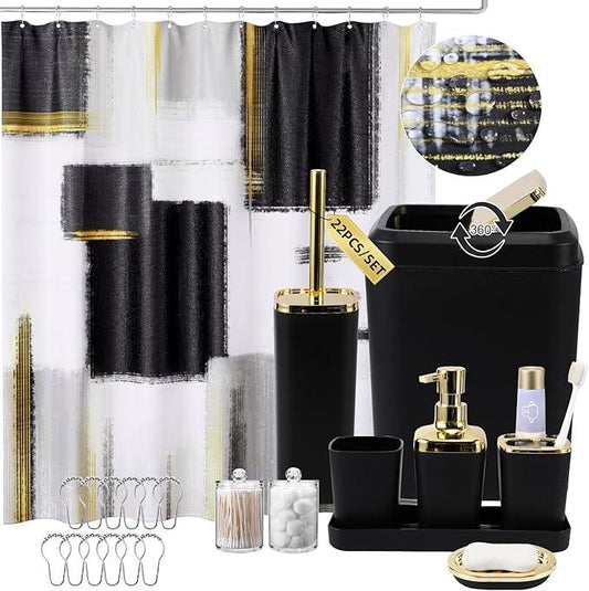 XLHOMO Black and Gold Bathroom Accessories Set, Bathroom Sets with Shower Curtain, Black Bathroom Accessories with Trash Can, Soap Dispenser, Soap Dish, Toilet Brush Holder, Qtip Holders for Bathroom - ModernBath