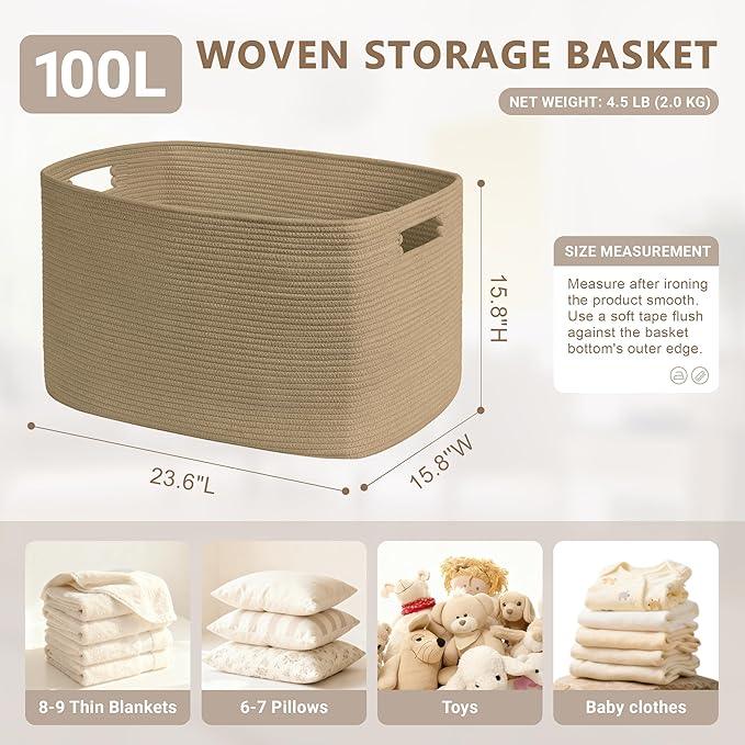 100L Extra Large Wicker Laundry Basket for Living Room Storage,Boho Woven Cotton Rope Baskets for Kids Toy,Gifts,Square Blanket Hamper for Bedroom Dirty Clothes,Jute - ModernBath