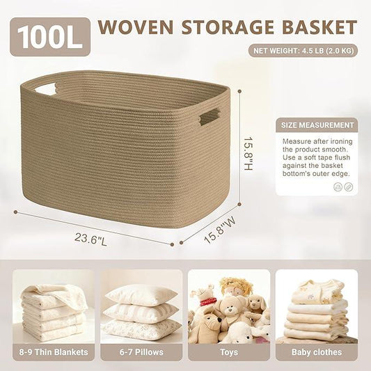 100L Extra Large Wicker Laundry Basket for Living Room Storage,Boho Woven Cotton Rope Baskets for Kids Toy,Gifts,Square Blanket Hamper for Bedroom Dirty Clothes,Jute - ModernBath