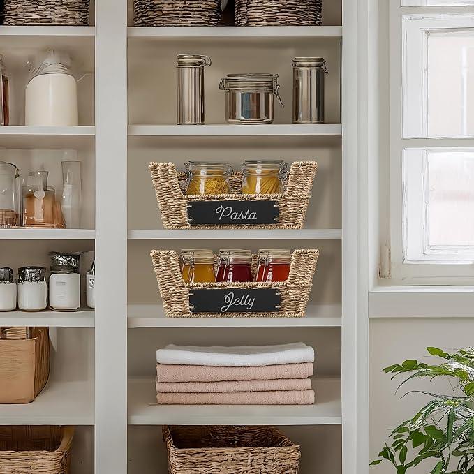 Casafield Set of 2 Seagrass Pantry Baskets with Handles, Chalkboard Labels and Marker - Natural, Wide Woven Storage Bin Organizers for Kitchen Shelves - ModernBath