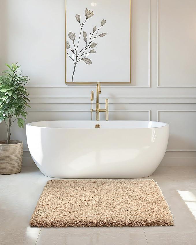 ILANGO Beige Bathroom Rugs 32" × 20" Non Slip & Super Absorbent Extra Thick Soft, Washable Bath Mat for Floor, Microfiber Plush Shaggy Bath Rug with Rubber for Bathtub Shower Room Sink - ModernBath