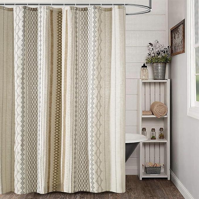Aldopein Modern Farmhouse Shower Curtain, Water Resistant Privacy Natural Linen Textured Fabric, Boho Vintage Tribal Geometry Fabric Shower Curtains Set Cottagecore Bathroom Decorations with Hooks - ModernBath