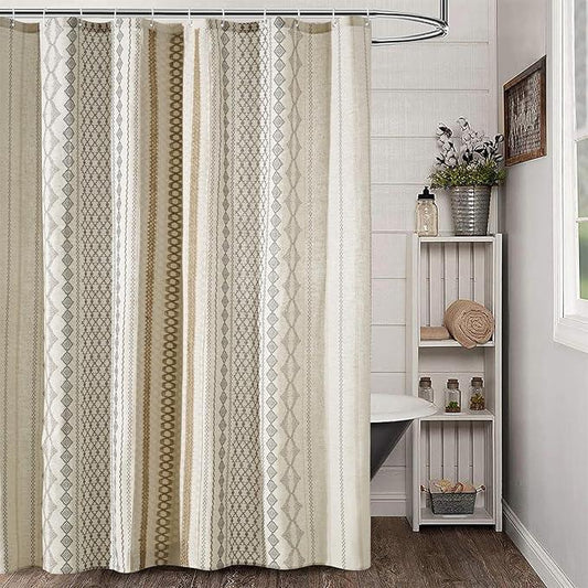 Aldopein Modern Farmhouse Shower Curtain, Water Resistant Privacy Natural Linen Textured Fabric, Boho Vintage Tribal Geometry Fabric Shower Curtains Set Cottagecore Bathroom Decorations with Hooks - ModernBath