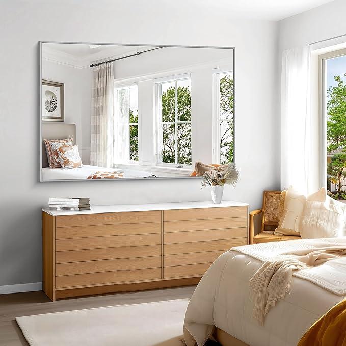 KOCUUY Silver Bathroom Mirror, 60"x40" Large Rectangle Bathroom Mirror for Wall, HD Tempered Glass, Anti-Rust Brushed Silver Frame, Modern Design for Bathroom, Bedroom, Hang Horizontal/Vertical - ModernBath