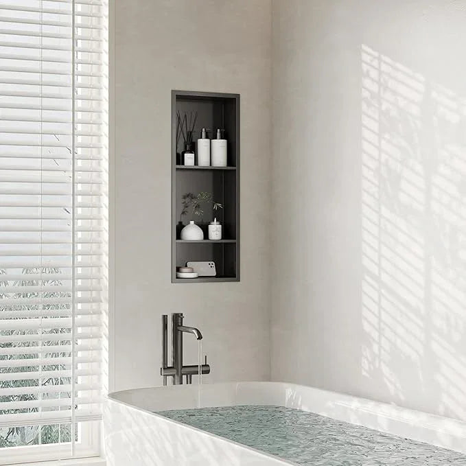 Qeke Stainless Steel Shower Niche 12" X 29", No Tile Needed Wall Niche Three-Tier, Recessed Shower Shelf for Bathroom Storage, Gun Metal - ModernBath