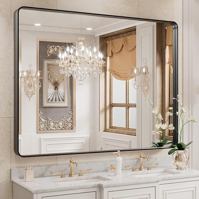 WEER Black Bathroom Mirror for Wall 40X30 Inch, Rectangular Black Metal Framed Vanity Mirror, Farmhouse Bathroom Mirror with Tempered Glass, Rounded Corner, Anti-Rust (Horizontal/Vertical) - ModernBath
