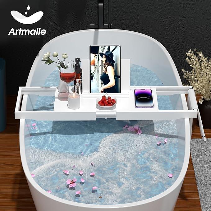 Artmalle Bathtub Tray for Tub, Expandable Bamboo Bath Caddy Tray with Book Holder for Home Spa Relaxing, Foldable Minimalist Bathroom Accessories for Women Men (Simple, White) - ModernBath
