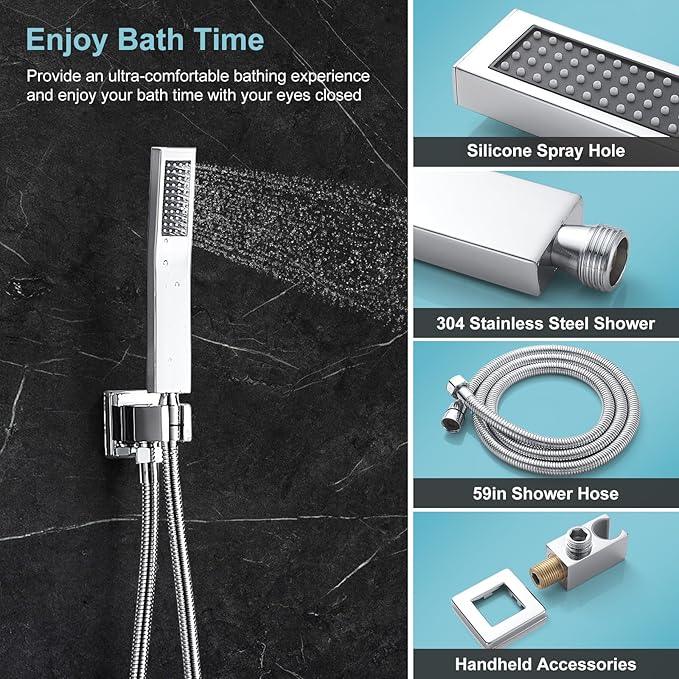 RTTWYYUU Chrome Shower System 8 Inch, Rain Shower Head with Handheld Spray, Luxury Rain Shower Set Square Wall Mount for Bathroom with Rain Shower and Handheld Shower System - ModernBath