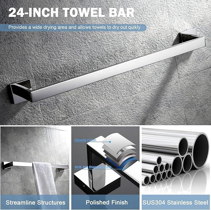 VELIMAX Premium Stainless Steel 4 Pieces Bathroom Hardware Accessories Set Wall Mounted Towel Bar Set, Polished, 24-Inch - ModernBath