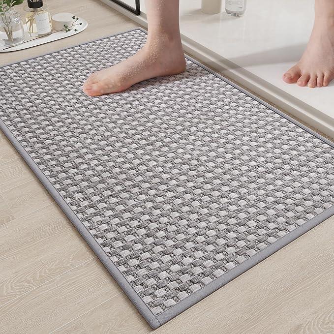YDKGL Non Slip Bath Mat Bathroom Rugs, Soft Braided Ultra Thin Bath Mats, Super Absorbent Quick Dry Bath Rug Shower Mat, Rubber Backing, Fit Under Door Bathroom Floor, Machine Washable, Gray 16" x 24" - ModernBath