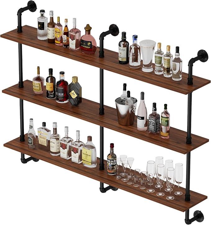 3-Tier Industrial Pipe Floating Shelf – Rustic 60 inch Wood Wall-Mounted Storage Shelf for Kitchen Office,Bathroom & Home Decor -Walnut - ModernBath
