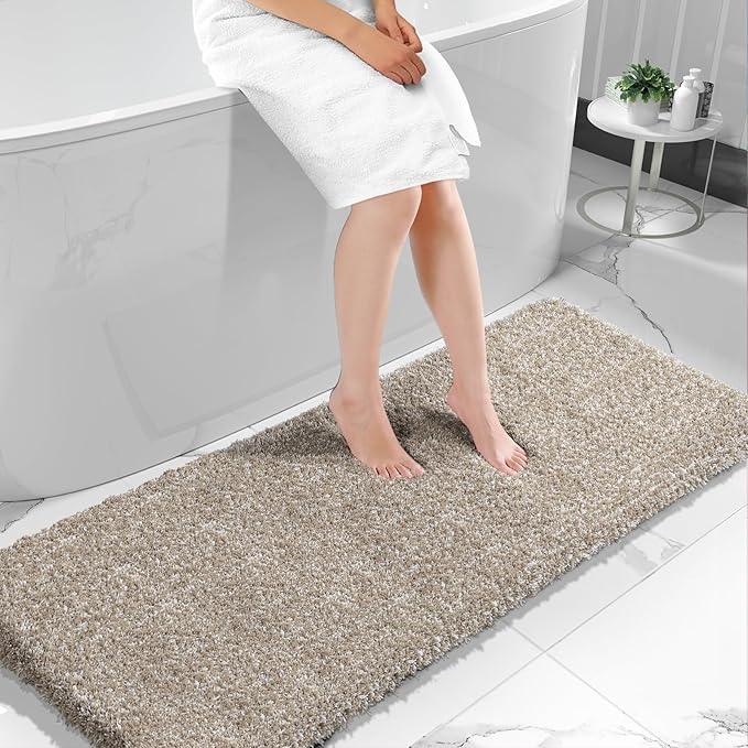 Yimobra Luxury Bathroom Rugs, Fluffy Bath Mats, Non Slip, Water Absorbent Microfiber, Machine Washable, Plush Runner Shower Rugs, Thick Matts for Bathroom Floor&Tub, 70"x 24", Light Brown and White - ModernBath