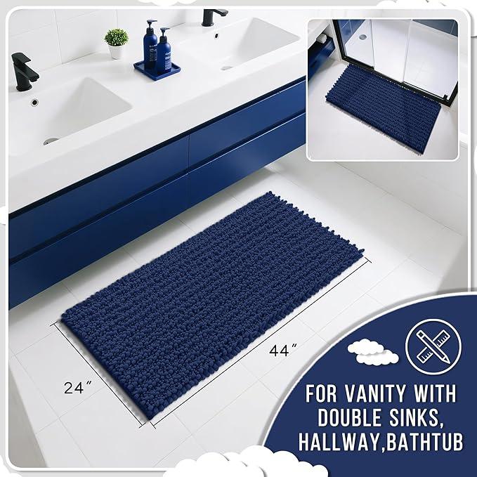 Yimobra Long Bathroom Rugs Non Slip Washable 44x24 Inch - Ultra Soft Absorbent Chenille Bath Mat, Quick Dry Shaggy Floor Carpet for Tub Shower, Navy Blue Home Decor Accessories - ModernBath