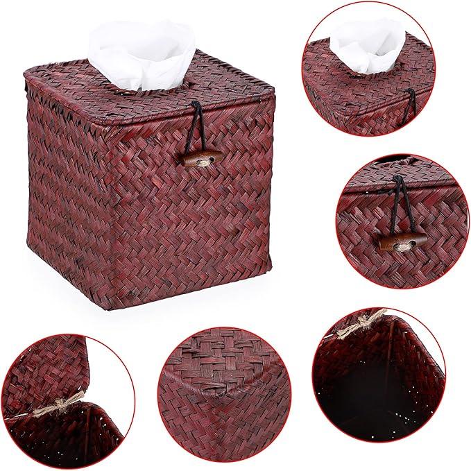 Sumnacon Tissue Box Cover Square Seagrass Tissue Box with Lid, Woven Tissue Box Holder Rustic Cube Tissue Cover for Bathroom Toilet Bedroom Living Room Kitchen Table Desk Office Car, Red Brown - ModernBath