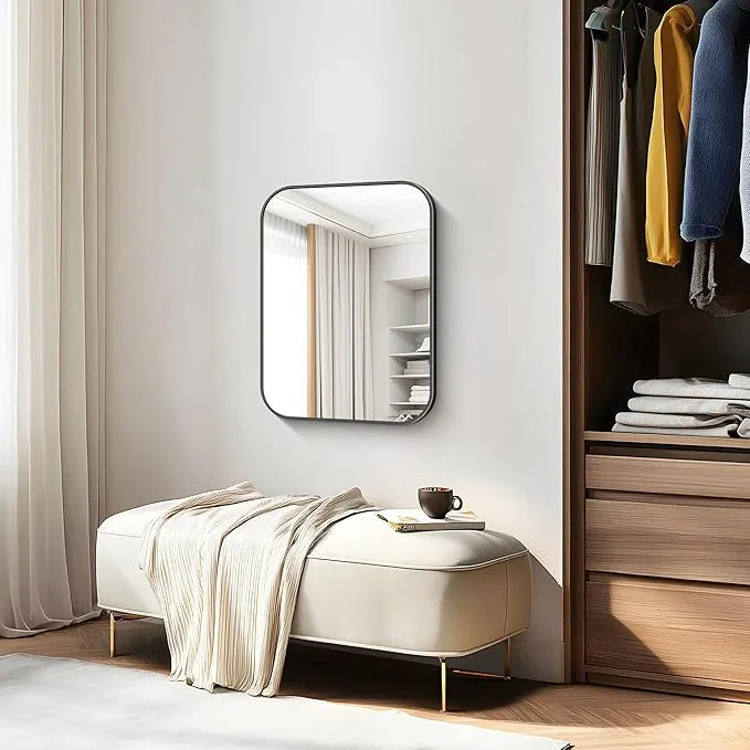 CIVENO Bathroom Mirror, 18 x 24 inch Metal Framed Black Rectangle Mirror, Rounded Corner Rectangular Vanity Mirror, Wall Mounted Mirror for Modern Bedroom Living Room Hangs Horizontal or Vertical - ModernBath