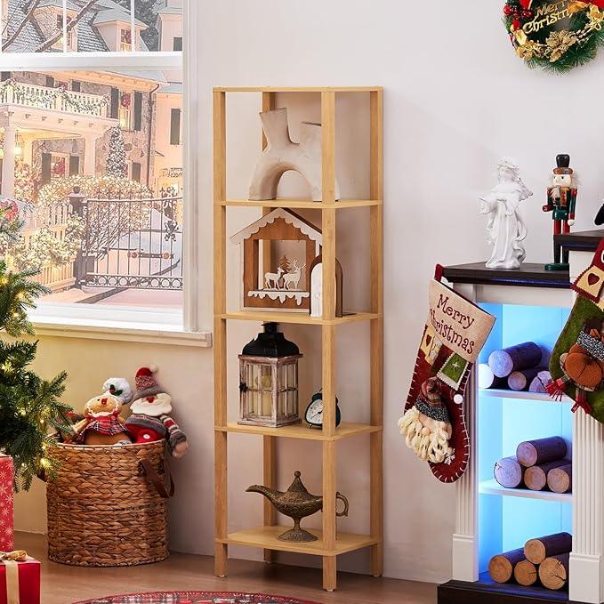 54in Tall Bookshelf 5-Tier Small Narrow Bookcase, Skinny Book Shelf for Small Space, Farmhouse Slim Shelf with Storage, Wood Freestanding Display Thin Bookshelves for Living Room, Natural - ModernBath