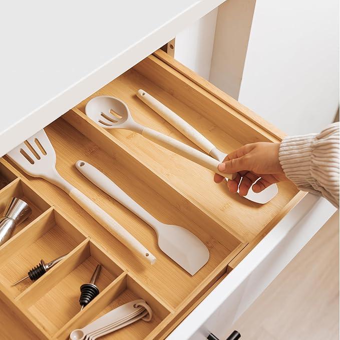 KitchenEdge Adjustable Kitchen Drawer Organizer for Utensils and Junk, Food-Safe Contract Grade with 100% Sustainable Wood, Expandable from 19 to 33 Inches Wide - Natural Bamboo - ModernBath