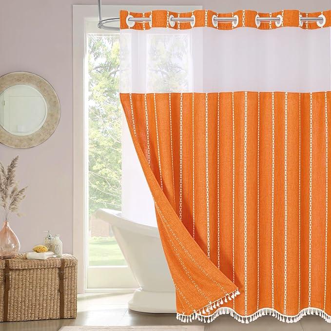 MitoVilla No Hooks Needed Orange Shower Curtain with Snap-in Liner - with Window & Magnets, Boho Cotton Linen Fabric Shower Curtains with Tassels for Rustic Bathroom Decor, Burnt Orange, 72 x 74 - ModernBath