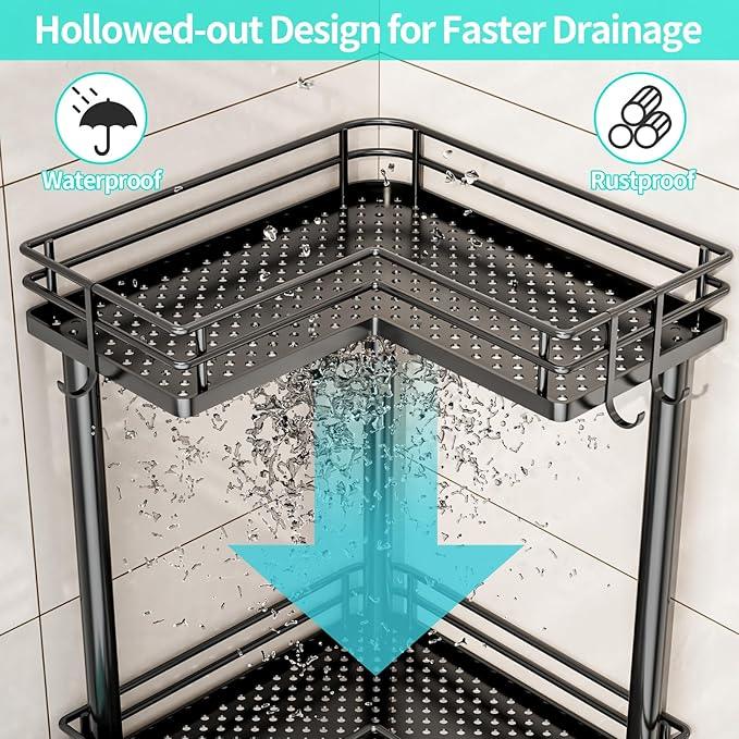 HapiRm Corner Shower Caddy Organizer - 4 Tier Shower Shelf Corner with Soap Holder, Rustproof Bathroom Standing Organizer with 4 Hooks, Black - ModernBath